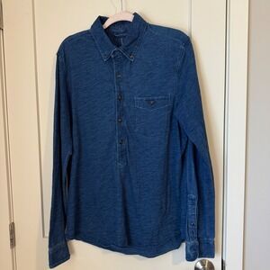 OOBE Mens Indigo Blue Slub Cotton Popover Button Down Shirt Size M